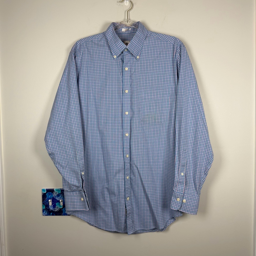 Peter Millar Blue Plaid Long Sleeve Nanoluxe Cotton LS Button Up Shirt Medium